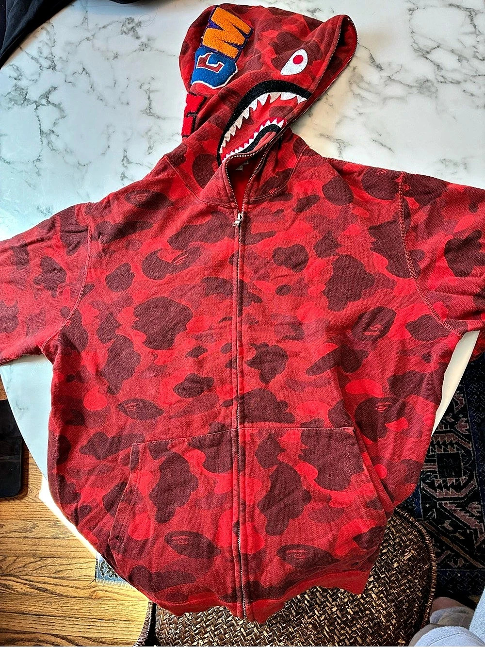 A Bathing Ape BAPE Color Camo WGM Shark Hoodie Red & Black